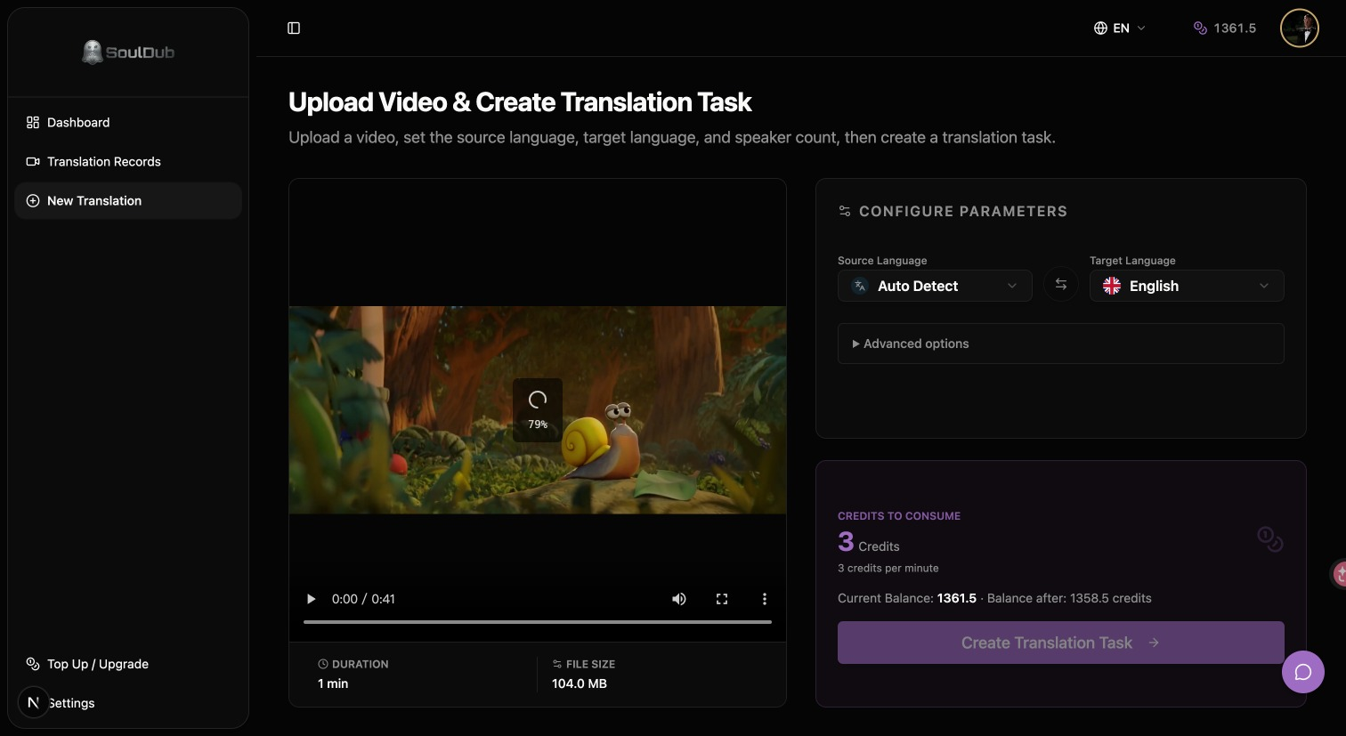 Souldub automatic video translation interface